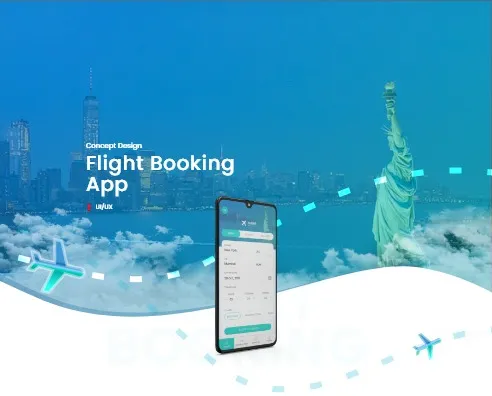 Phone showing the flight search screen over a blue city skyline with a turquoise plane illustration